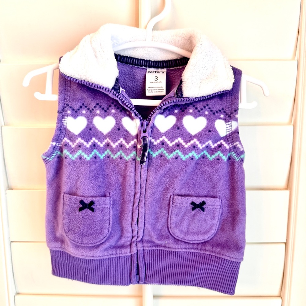 Carter’s Baby Girl Purple Fleece Heart Vest 3M Sherpa Collar Cozy Winter Layer